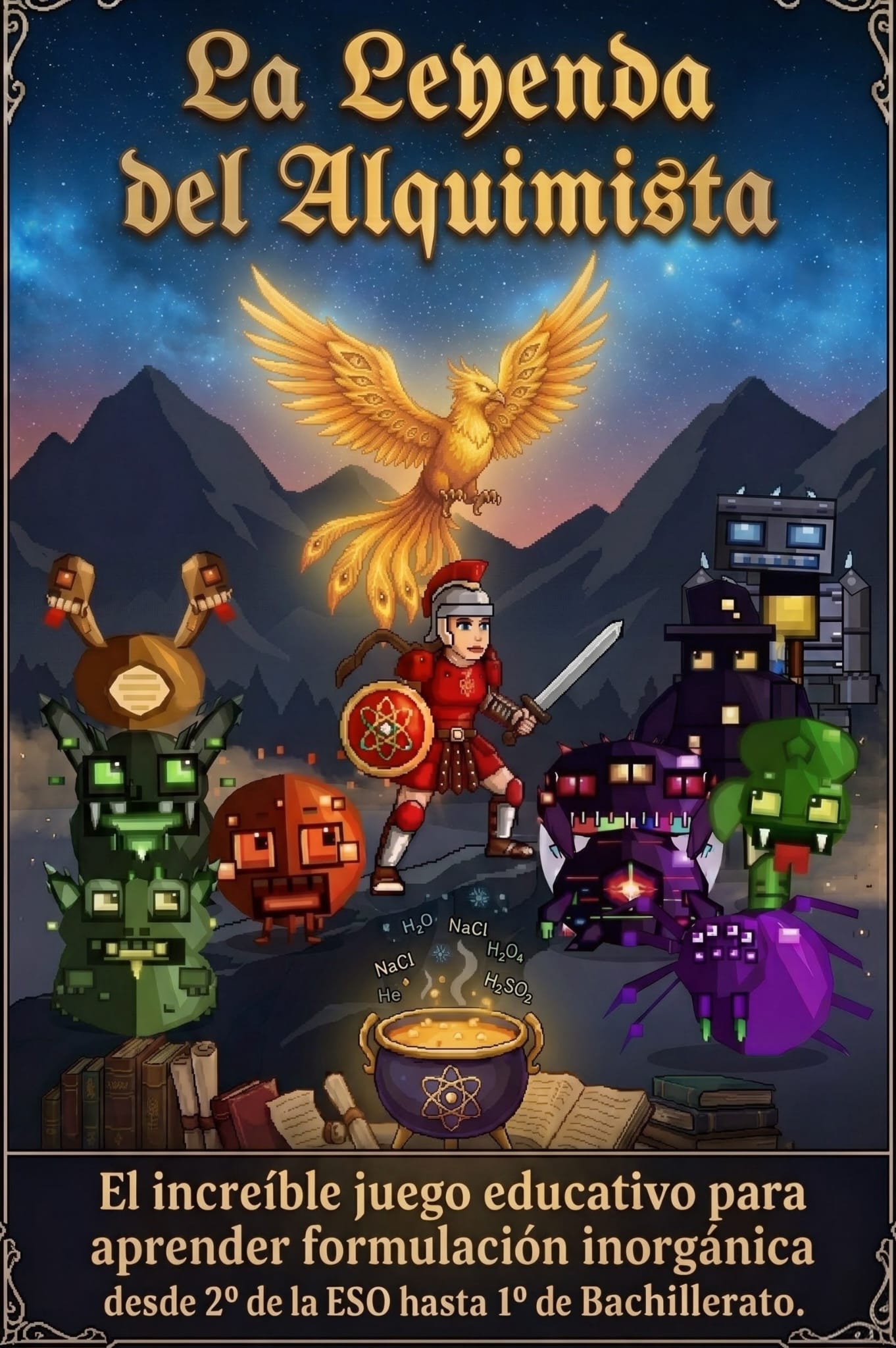 Portada oficial de La Leyenda del Alquimista: fénix dorado, alquimista, monstruos pixel art y caldero